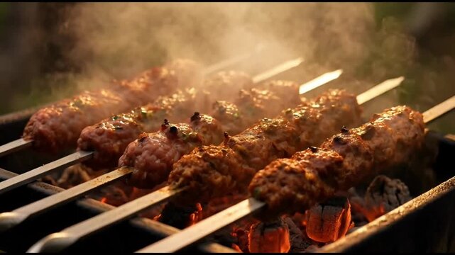 Golden Brown Meat Skewers Roasting On Charcoal Grill With Fire And Smoke Authentic Barbecue Street Food Cooking