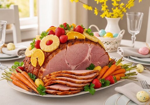 Traditional Easter ham dinner with fresh fruits and decorative vegetables on a festive table