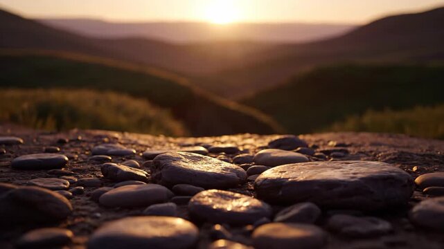Rocks in the foreground with hills in the background at sunset
