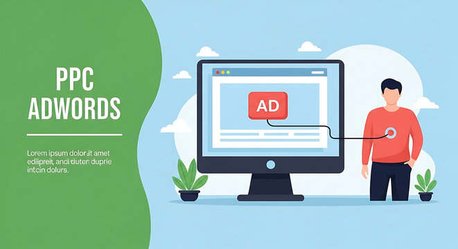 A man points to an advertisement on a computer screen with PPC Adwords