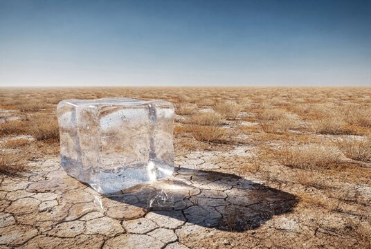 Large melting ice cube resting on cracked dry desert ground under bright sky symbolizing climate change global warming water scarcity and environmental crisis concept in minimal landscape scene