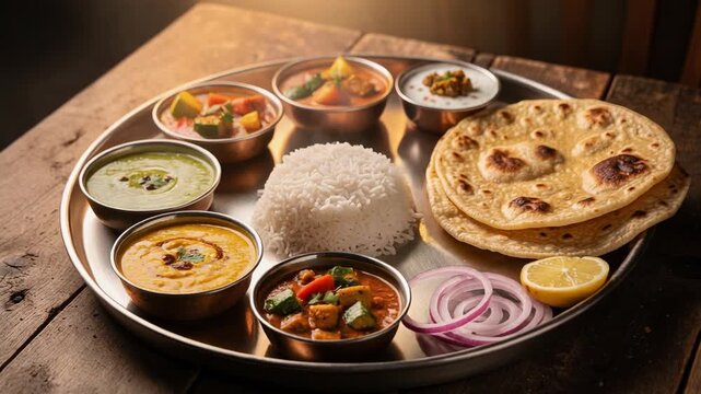 Traditional Indian thali meal with assorted curries rice roti lemon and onions on wooden table