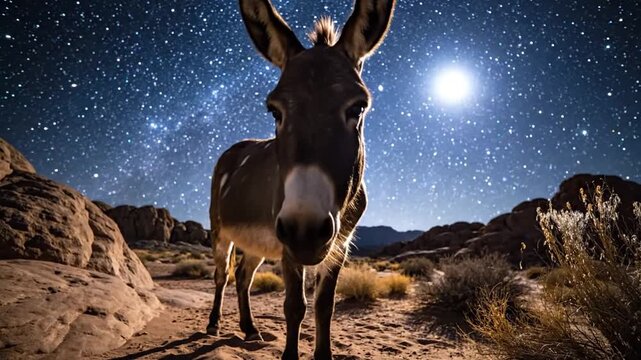 Donkey under a star-filled night sky in a desert landscape