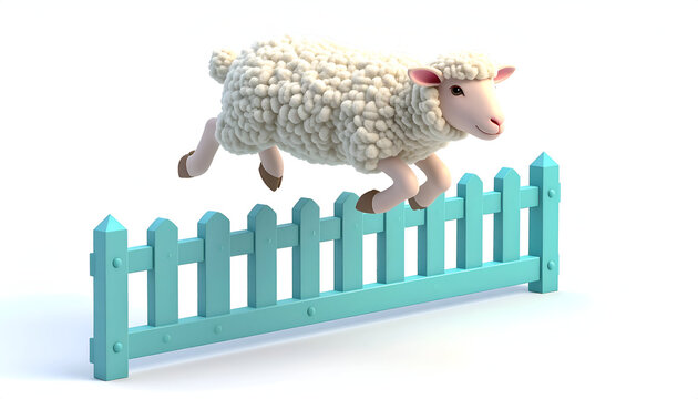 Cartoon sheep jumping over blue fence on white background 3D render counting sheep