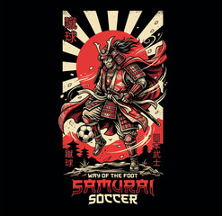 Basic RGBSamurai Soccer Warrior Illustration, Japanese Ukiyo-e Style Football Player Rising Sun Graphic T-Shirt Design © Mahmuda