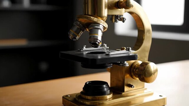Vintage microscope on a wooden table, science research equipment.