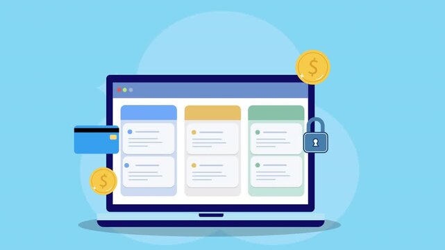 Flat vector animation of laptop dashboard with credit card, coins, and security lock icons representing secure online payment, financial technology, and protected digital transactions.