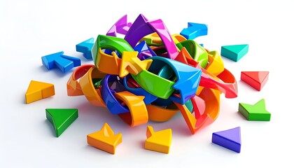 Collection of colorful plastic arrows point in different directions on white surface