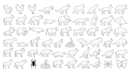 Obraz premium Outlined Animals Vector Design: A Collection of Black and White Fauna Illustrations for Educational Materials, Coloring Books and Creative Projects [Line Art Animals]