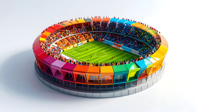Colorful architectural rendering of round stadium filled with spectators in isometric view