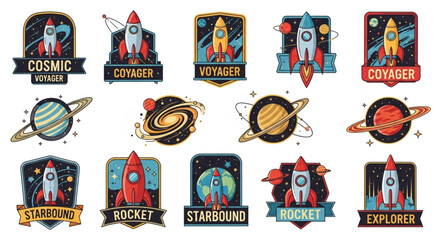 Collection of retro space rockets and planets emblems. © Isti
