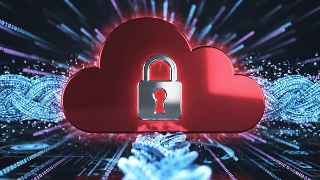 Secure red cloud icon with keyhole and binary data flow