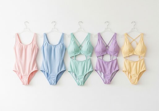 Assortment of pastel colored swimsuits hanging on a white background