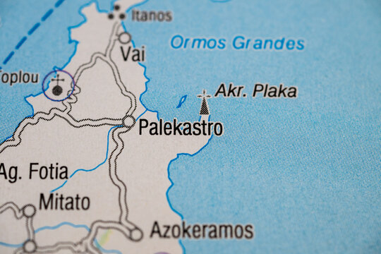 Close up of Palekastro and Vai area road map in eastern Crete Greece.