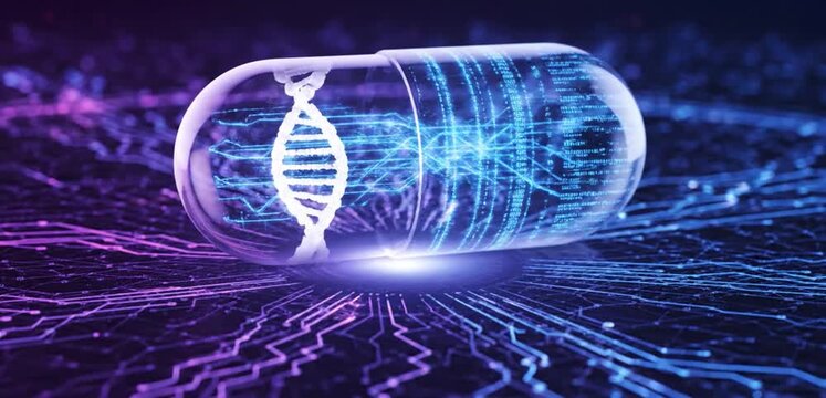 Dna structure and binary code encapsulated in pill on abstract circuit board for medical innovation and pharmaceutical technology
