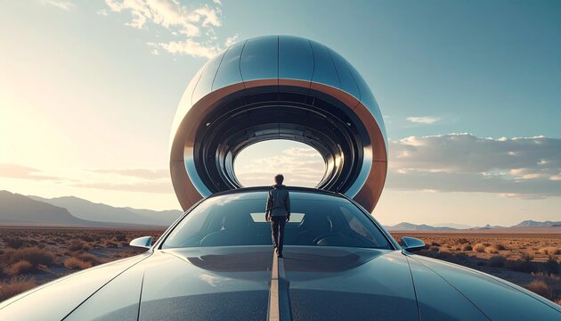 A person stands on a futuristic car with a large tunnel emerging from its mouth in a desert landscape.