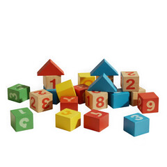 A pile of colorful wooden blocks with letters and numbers on them isolated on transparent background