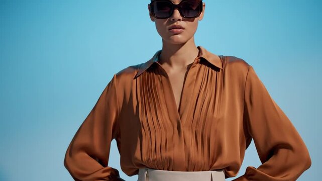 Elegant woman in designer blouse and sunglasses posing against soft blue background showing high fashion style and confidence