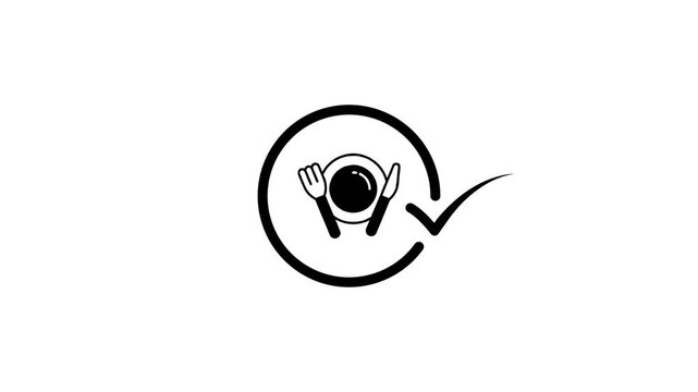 Minimalist food quality check animation with black plate fork and knife icon on white background motion graphic
