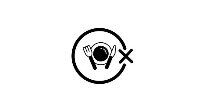Minimalist dining icon animation featuring fork knife and plate with cross symbol on white background