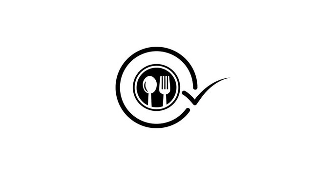 A motion graphic animation of black spoon and fork icon inside a circle with a check mark on white background
