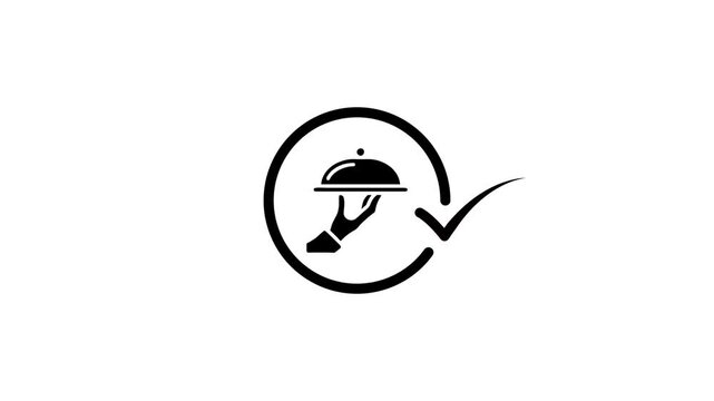 Animated catering service icon with hand holding platter and check mark indicating quality food delivery assurance