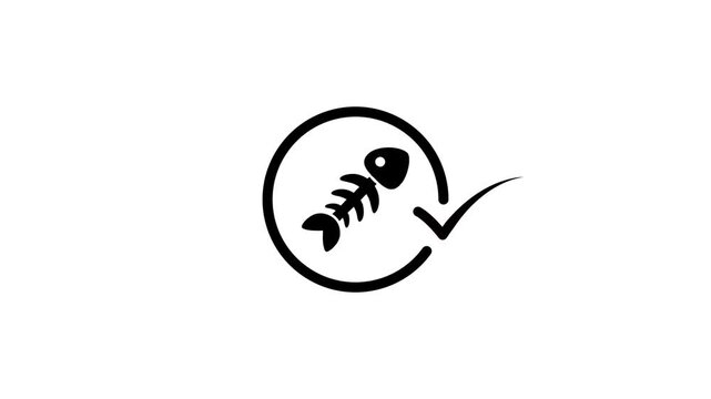 Minimalist animation of black fish bone icon with check mark inside circle on white background