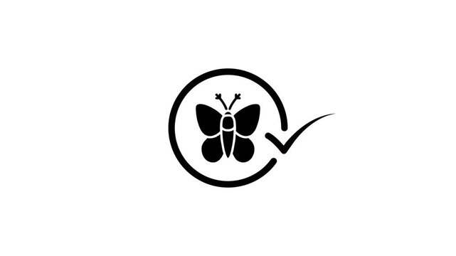 Minimalist butterfly icon animation inside circle with checkmark element representing natural certification in black and white