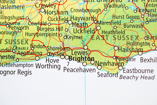Close up map of Brighton Lewes and Eastbourne East Sussex coast.