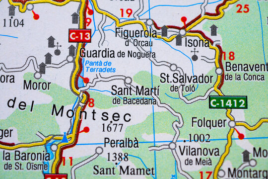 Detailed road map close up of Montsec and Guardia de Noguera region in Catalonia Spain for travel concept.