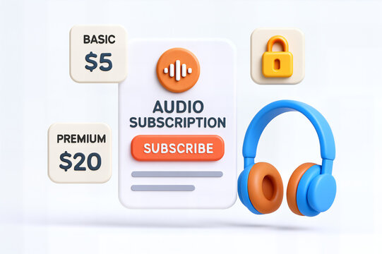 Colorful audio subscription showcase with headphones, highlighting basic and premium options.