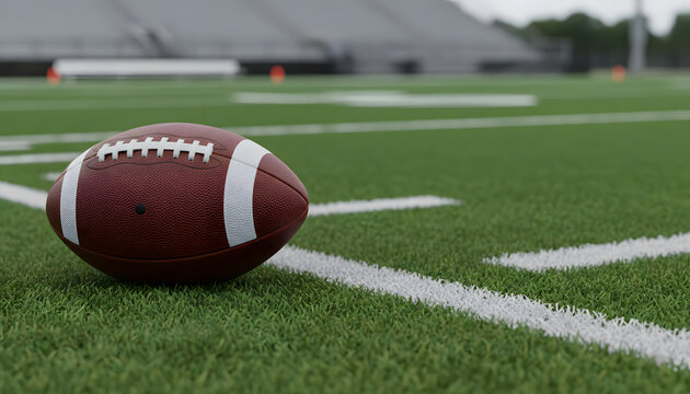 American football resting on green grass field yard line during daytime game stadium background competition sport team athletic professional outdoor activity