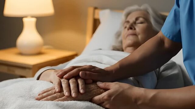 Caregiver hands comforting a sleeping elderly woman resting in a warm bed.