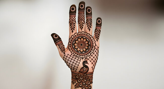 Symmetrical palm henna mandala with central flower and peacock motif on wrist featuring geometric patterns on fingers