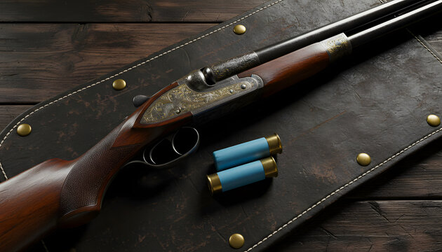 Ornate double barrel shotgun with engraved receiver and polished wood stock resting on a dark leather case with two blue shotgun shells beside it