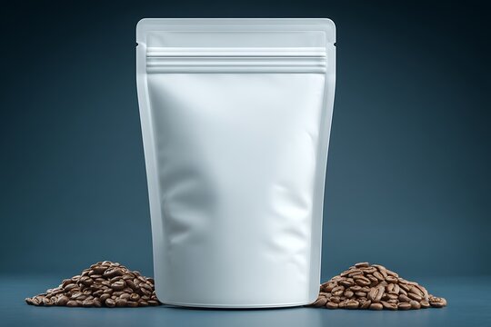 White resealable pouch with coffee beans.