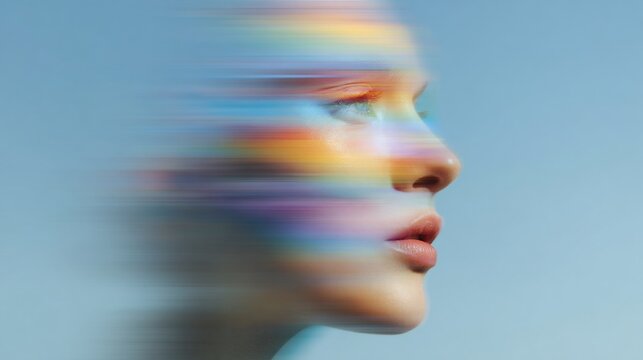 Profile of a woman with vibrant, blurred motion lines across her face