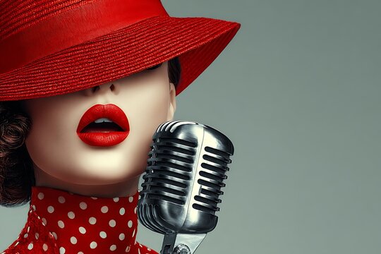 Woman in red hat singing microphone.