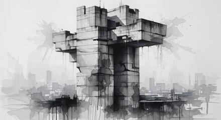 Fototapeta premium The fractured monolith rising amidst the ruins of forgotten civilization