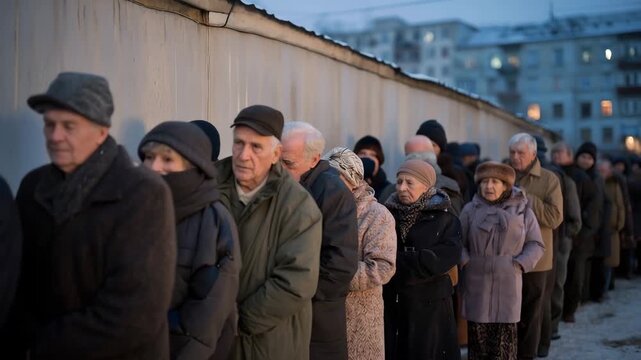 Long queue of people waiting outside an empty state shop in a gray Eastern European winter street, perfect for communist era shortage heritage, Soviet daily life concept, Cold War culture,