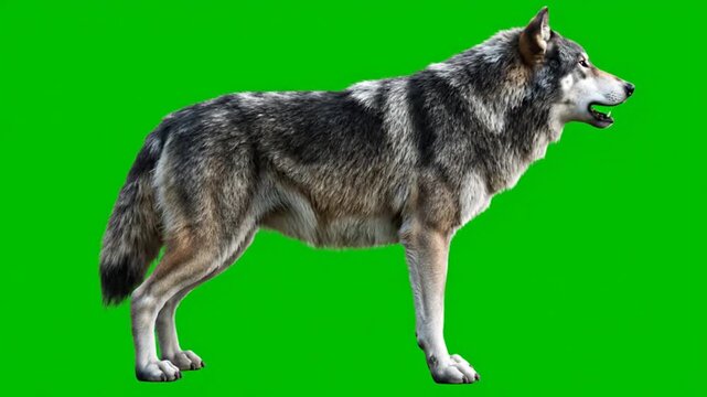 A majestic grey wolf stands alert in a full-body side profile against a vibrant green screen background, ready for compositing.