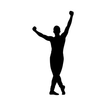 Silhouette of a triumphant person with arms raised in victory.