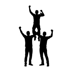 Silhouette of Three Men Celebrating Victory in a Pyramid Formation.