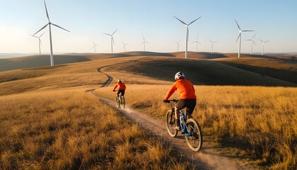 Two mountain bikers ride down winding dirt path through golden grass field at sunset with large white wind turbines spinning on rolling hills under vast clear sky in rural area