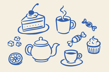 Fototapeta na wymiar Tea and dessert set naive outline sketch vector illustration