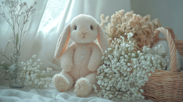 A charming knitted bunny doll sits surrounded by delicate white baby's breath flowers and rustic woven baskets creating a whical and heartwarming scene.