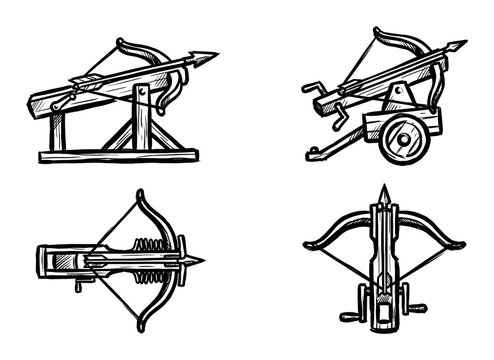 Four medieval crossbow and ballista illustrations in a hand-drawn black ink sketch style, showing a collection of ancient siege weapons and handheld arms for warfare