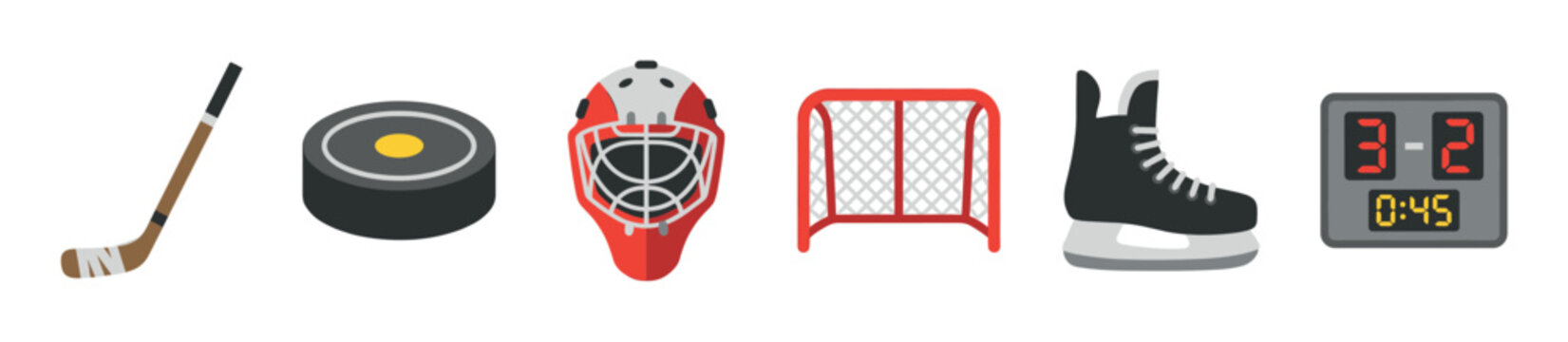 Ice hockey equipment and gear icon set with a player stick, puck, goaltender mask, goal net, skate, and a game scoreboard in a simple flat graphic illustration style