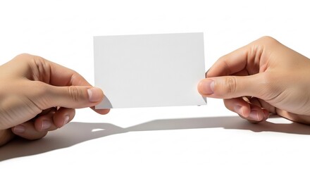 Obraz premium Hands gently present a blank white card clearly