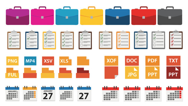 Vector Office Icon Set: Briefcases, Checklists, and File Type Logos for Business, Project Management, Scheduling, and Document Organization in a Modern Design Aesthetic